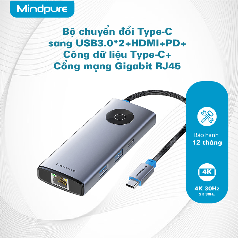 HU009-Hub chuyển đổi USB-C ra USB3.0 Type C HDMI PD Gigabit RJ45